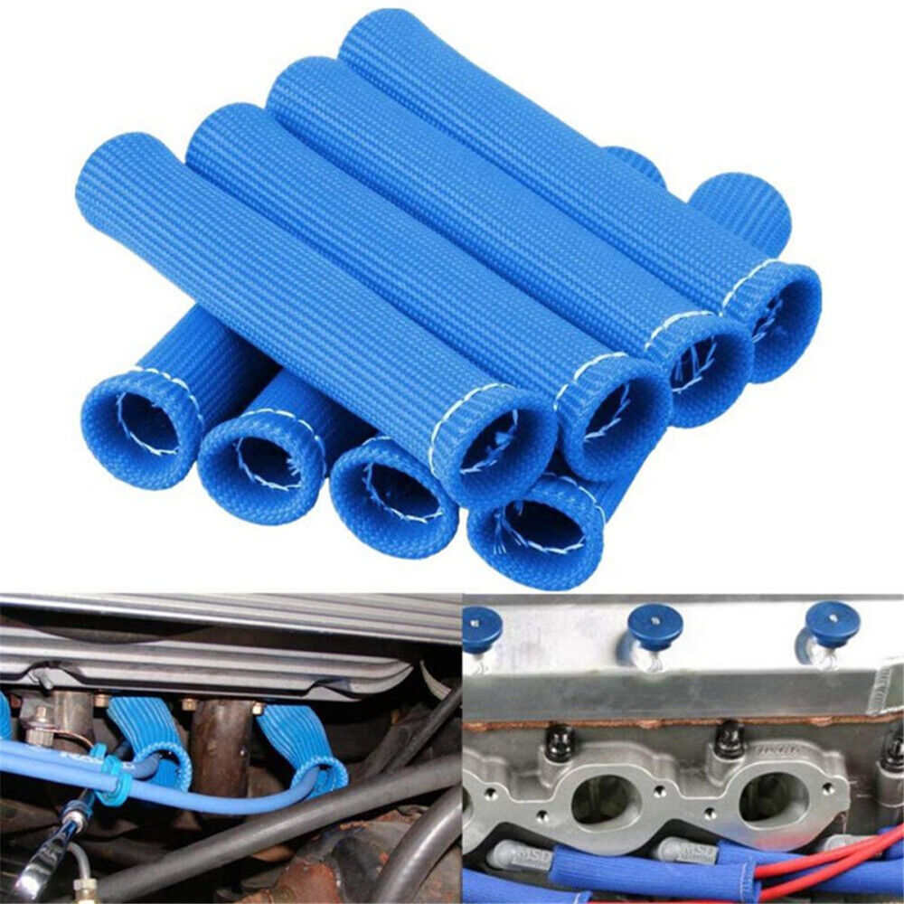 8PCS 2500° Spark Plug Wire Boots Heat Shield Protector Sleeve Cover SBC BBC Blue